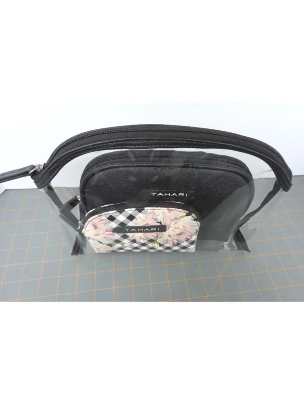 Tahari 3-Piece Travel Trio Cosmetic Case Set Gingham & Floral Print Clear Bag